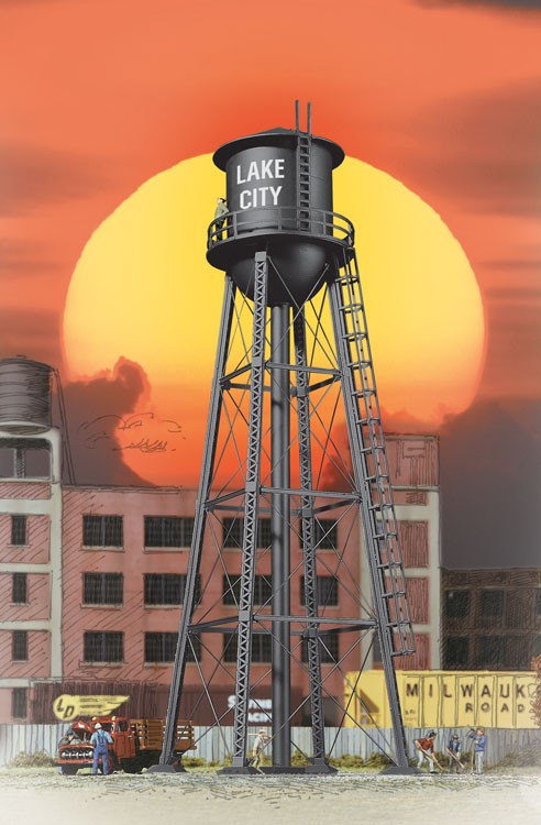 Walthers Cornerstone 933-2825 City Water Tower - Built-ups - Assembled - Black - 3-3/4 x 3-3/4 x 11" 9.3 x 9.3 x 27.5cm, HO Scale