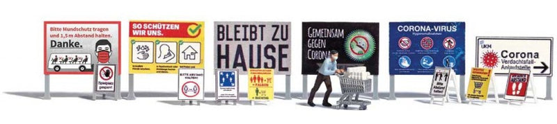 Busch Gmbh & Co Kg 7911 COVID-19 Panic Buying -- Figure with Shopping Cart and Toilet Paper Load (German Signs), HO Scale
