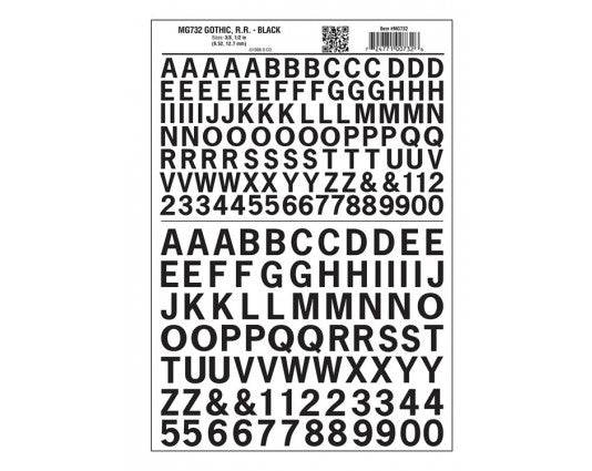 Woodland Scenics WOO732 Dry Transfer Alphabet & Numbers - Railroad Gothic - 3/8 & 1/2"  1 & 1.3cm -- Black, All Scales