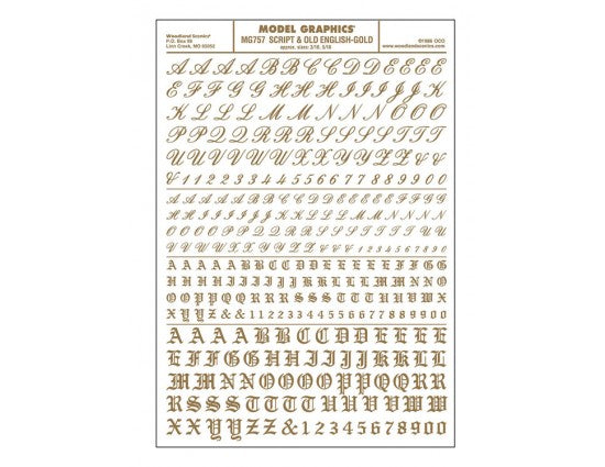 Woodland Scenics WOO757 Dry Transfer Alphabet & Numbers - Script/Old English -- Gold, All Scales