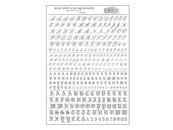 Woodland Scenics WOO758 Dry Transfer Alphabet & Numbers - Script/Old English -- Silver, All Scales