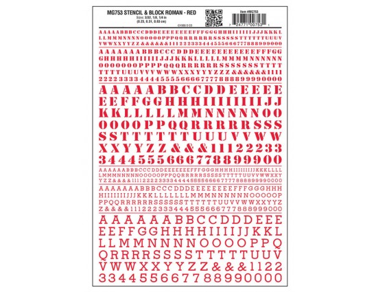 Woodland Scenics WOO753 Dry Transfer Alphabet & Numbers - Stencil/Block Roman -- Red, All Scales