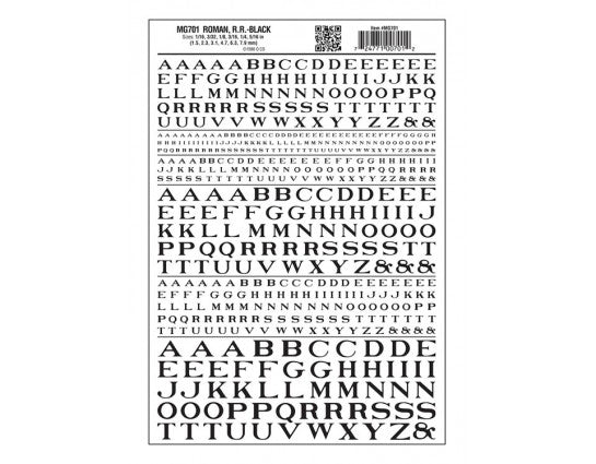 Woodland Scenics WOO701 Dry Transfer Alphabet - Railroad Roman - 1/16, 3/32, 1/8, 3/16, 1/4 & 5/16" -- Black, All Scales
