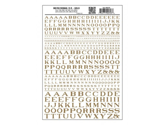 Woodland Scenics WOO703 Dry Transfer Alphabet - Railroad Roman - 1/16, 3/32, 1/8, 3/16, 1/4 & 5/16" -- Gold, All Scales