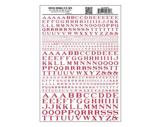Woodland Scenics WOO704 Dry Transfer Alphabet - Railroad Roman - 1/16, 3/32, 1/8, 3/16, 1/4 & 5/16" -- Red, All Scales