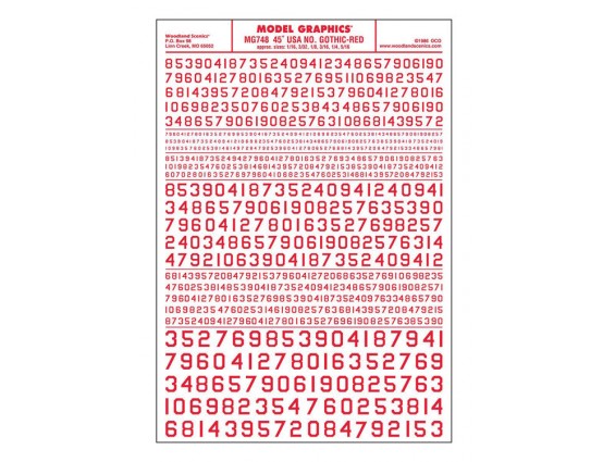 Woodland Scenics WOO748 Dry Transfer Numbers Only - 45 Degree USA Gothic (Military Style) -- Red, All Scales