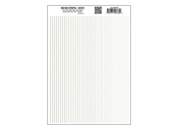 Woodland Scenics WOO760 Dry Transfer Stripes - .010, 1/64, .022, 1/32 & 3/64" Wide -- White, All Scales
