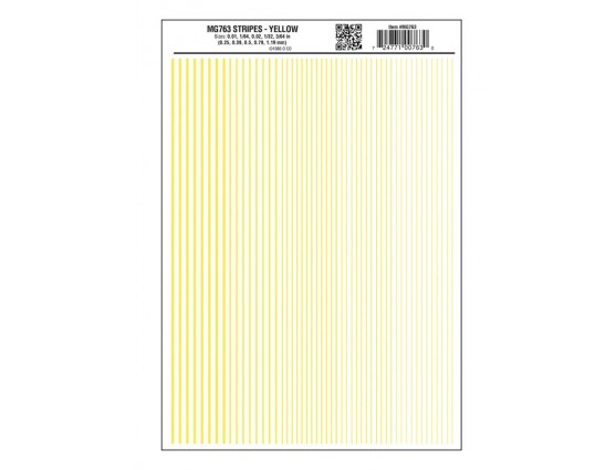 Woodland Scenics WOO763 Dry Transfer Stripes - .010, 1/64, .022, 1/32 & 3/64" Wide -- Yellow, All Scales