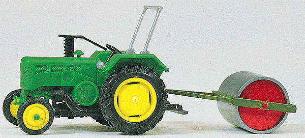 Preiser Kg 17929 European Farm Machinery - Tractor -- Farm Tractor w/Roller (green, yellow), HO Scale
