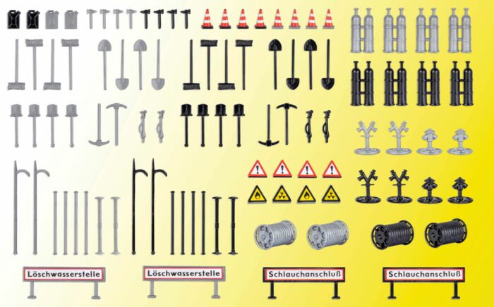 Vollmer Gmbh 45746 Fire Department Detail Set -- 100 Pieces Total (Includes 4 German Language Signs), HO