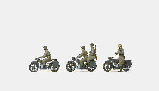 Preiser Kg 16598 Former German Army WWII - Motorcycle Troops -- Motorcycle Crew w/BMW R 12 Motorcycles (Unpainted), HO Scale