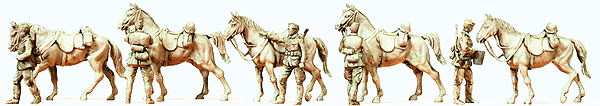 Former German Army WWII Unpainted Figures -- Standing Cavalrymen w/Horses 1939-45 (5 Men, 5 Horses), HO