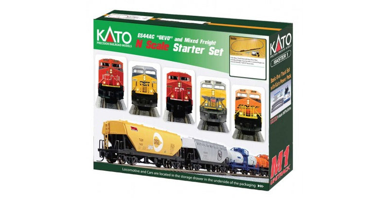 Kato KAT1060022 GE ES44AC GEVO Mixed Freight Starter Set -- Canadian Pacific Loco, 6 Cars, Unitrack M1 Basic 4-1/2 x 2' Oval, Power Pack, N Scale