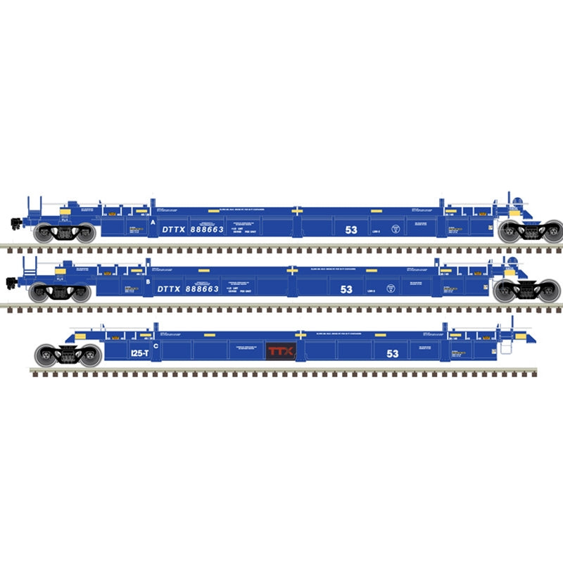 Atlas 20006625 HO 53' ARTICULATED WELL CAR SET  TTX (xBRAN FORWARD THINKING LOGO) 888663 (BLUE/WHITE/RED)