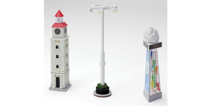 TomyTec Co LTD 261988 Lighted Outdoor Accessories -- 1 Each: Clock Tower, Flower Statue, Large Overhead Light, N Scale