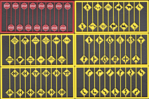 Tichy Train Group 8257 Modern Road Sign Assortment -- 15 Red Stop Signs, 60 Warning Signs - 1 Each of Sets