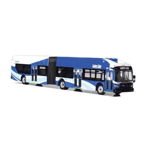 Iconic Replicas 870197 New Flyer Xcelsior XN60 Articulated Bus - Assembled -- Laker Line Grand Rapids, Michigan (blue, white), HO Scale