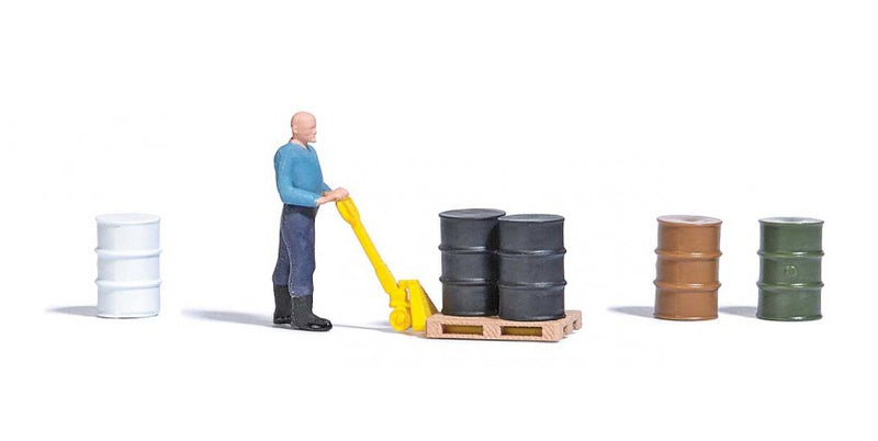 Busch Gmbh & Co Kg 7809 Pallet Jack -- Includes Figure, 5 Steel Drums & Pallet, HO Scale