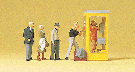 Preiser Kg 10523 Pedestians -- Waiting Persons At The Telephone Booth (5 Figures, 1 Phone Booth), HO Scale