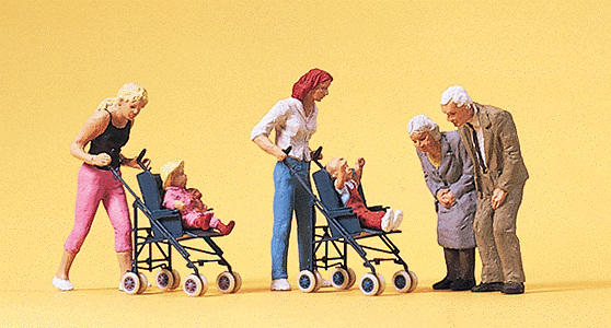 Preiser Kg 10493 Pedestrians -- Mothers w/Children In Strollers & Grandparents, HO Scale