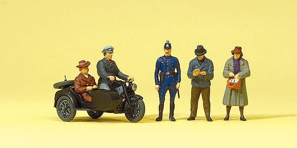 Preiser Kg 10565 Pedestrians -- Pedestrians, Passengers & Motorcycle w/Sidecar, HO Scale