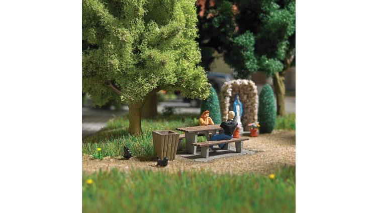 Busch Gmbh & Co Kg 7729 Picnic Area -- 2 Concrete Tables w/Benches, 2 Garbage Cans, HO Scale