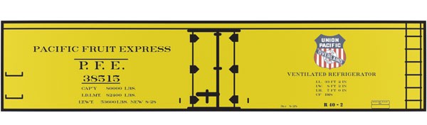 Tichy Train Group 10163 Railroad Decal Set -- Pacific Fruit Express R-40-2 40' Wood Reefer (UP Overland Logo), HO Scale