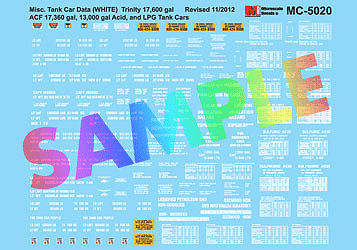 Microscale Industries MC-5020 Railroad Decal Set -- Acid & LPG Tank Car Data Trinity 17,600, ACF 17,360, 13,000-Gallon (white), HO Scale