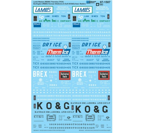 Microscale Industries 60-1507 Railroad Decal Set -- Reefers: Lamb Weston REMX, Thermice TICX, CB&Q RBBX, Kansas Oklahoma & Gulf, N Scale