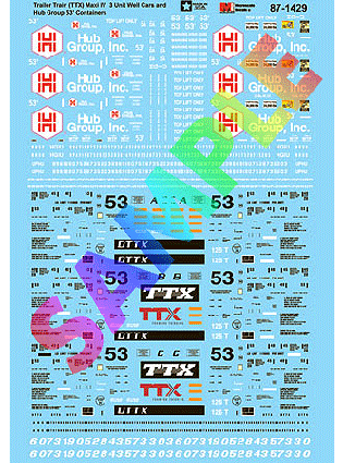 Microscale Industries 87-1429 Railroad Decal Set -- Trailer Train TTX Maxi IV Well Cars & 53' HUB Group Containers, HO Scale