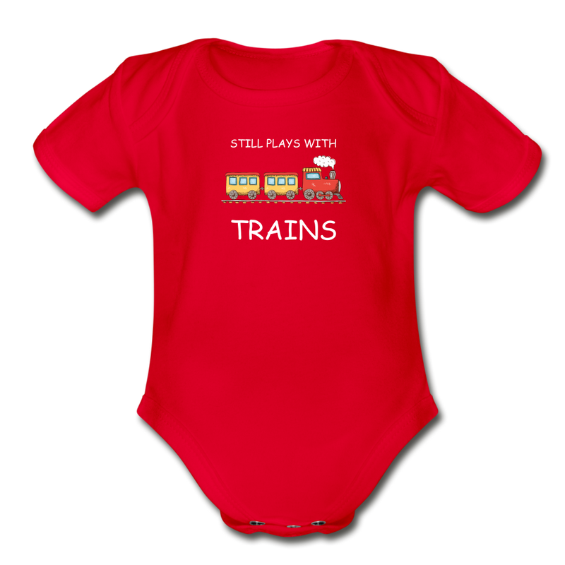 Still Plays With Trains - Organic Short Sleeve Baby Bodysuit Onesie - red