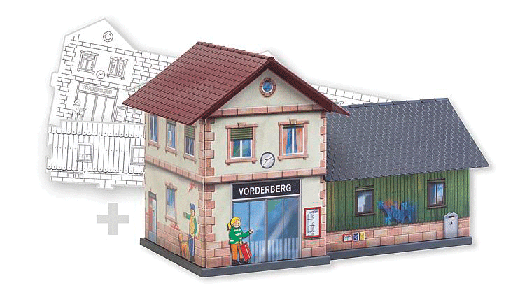 Faller Gmbh 150110 Train Station - Basic -- Paintable Fold & Snap Cardstock Kit, HO Scale