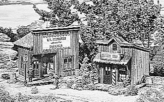 Campbell Scale Models 366 W T Stephenson Drug Company & Barber Shop -- 3-1/2 x 3-3/16" 8.9 x 17.8cm & 2-3/8 x 3" 5.8 x 8.9cm, HO Scale